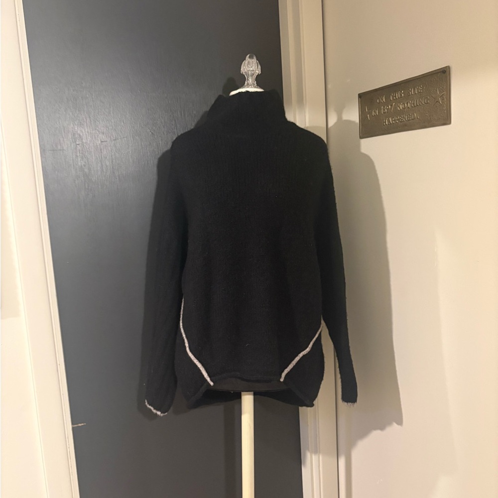 Moth via Anthropologie Black Turtleneck Tunic Wool Blend Sweater with Gray Trim